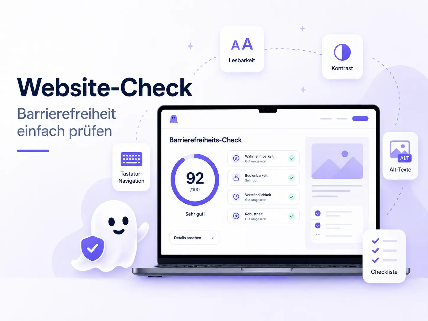 Laptop mit einer Website und Symbolen für Lesbarkeit, Kontrast und Tastaturbedienung