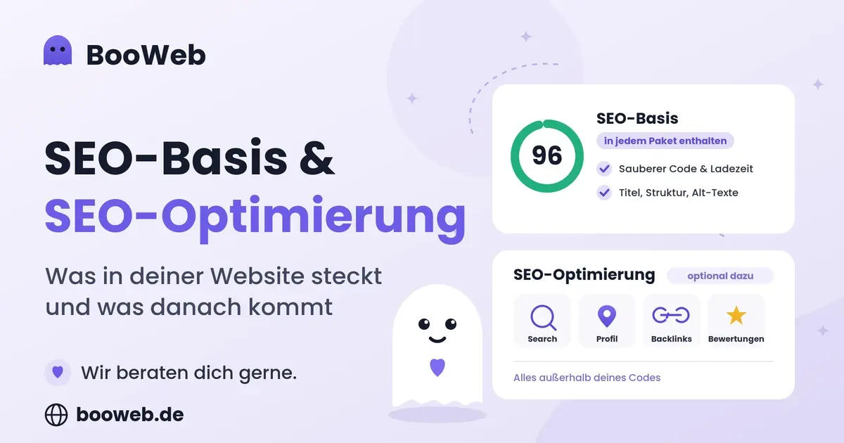BooWeb Grafik zum Unterschied zwischen SEO-Basis und SEO-Optimierung: links ein Audit-Score von 96 Punkten für sauberen Code, Ladezeit, Titel und Alt-Texte, rechts Symbole für Search Console, Google-Unternehmensprofil, Backlinks und Bewertungen.