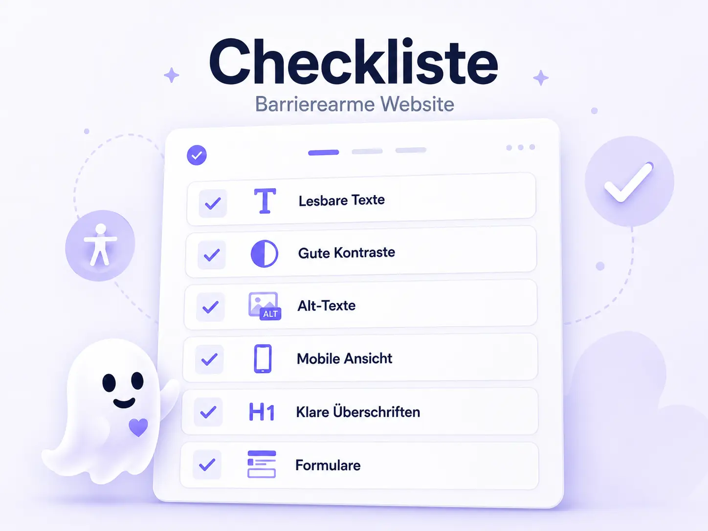 Checkliste mit Punkten für lesbare Texte, gute Kontraste, Alt-Texte und mobile Bedienbarkeit