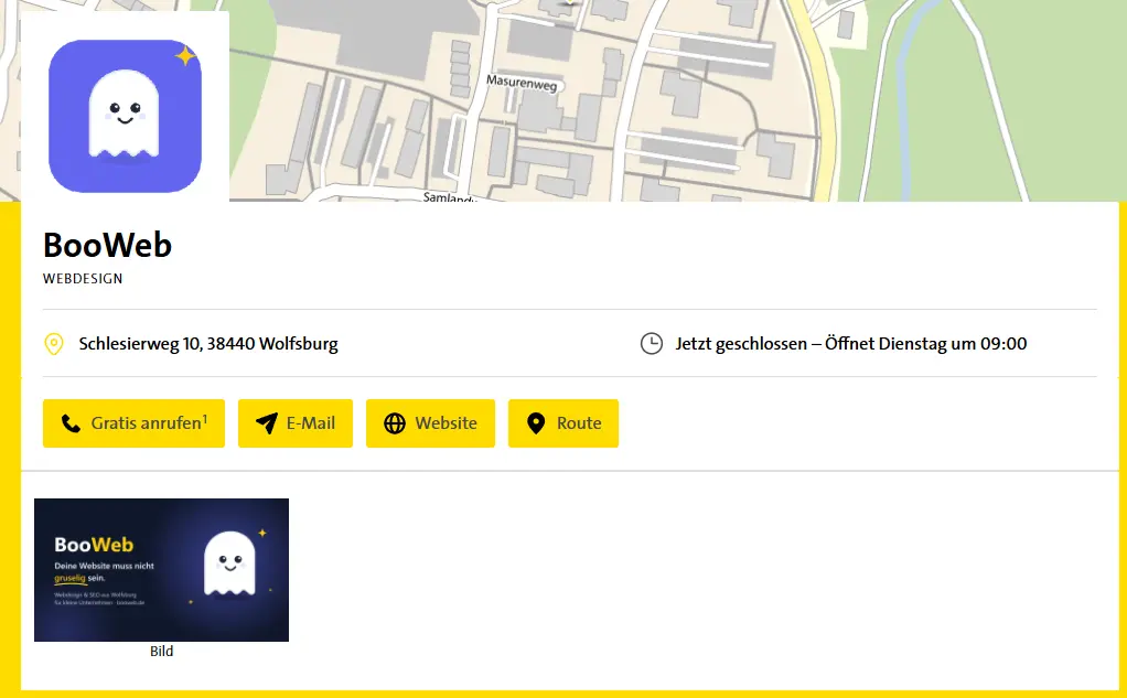 BooWeb bei Gelbe Seiten: Beispiel für einen Branchenverzeichnis-Eintrag Eintrag von BooWeb Webdesign bei Gelbe Seiten mit Adresse Schlesierweg 10 in Wolfsburg, Öffnungszeiten und Schaltflächen für Anruf, E-Mail, Website und Route.
